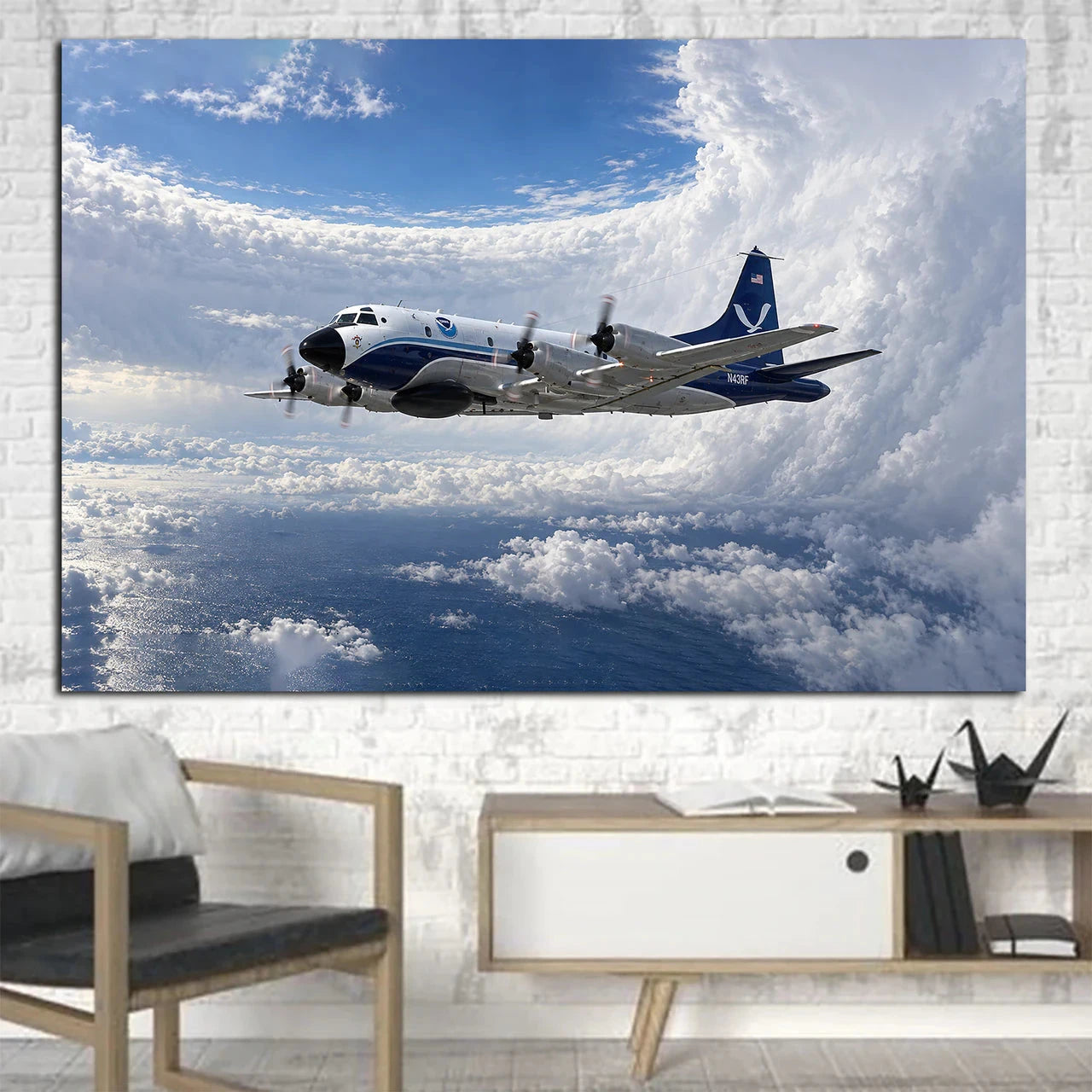 NOAA WP-3D Orion weather-research flight beside a towering hurricane eyewall in controlled daylight canvas - 1 Piece