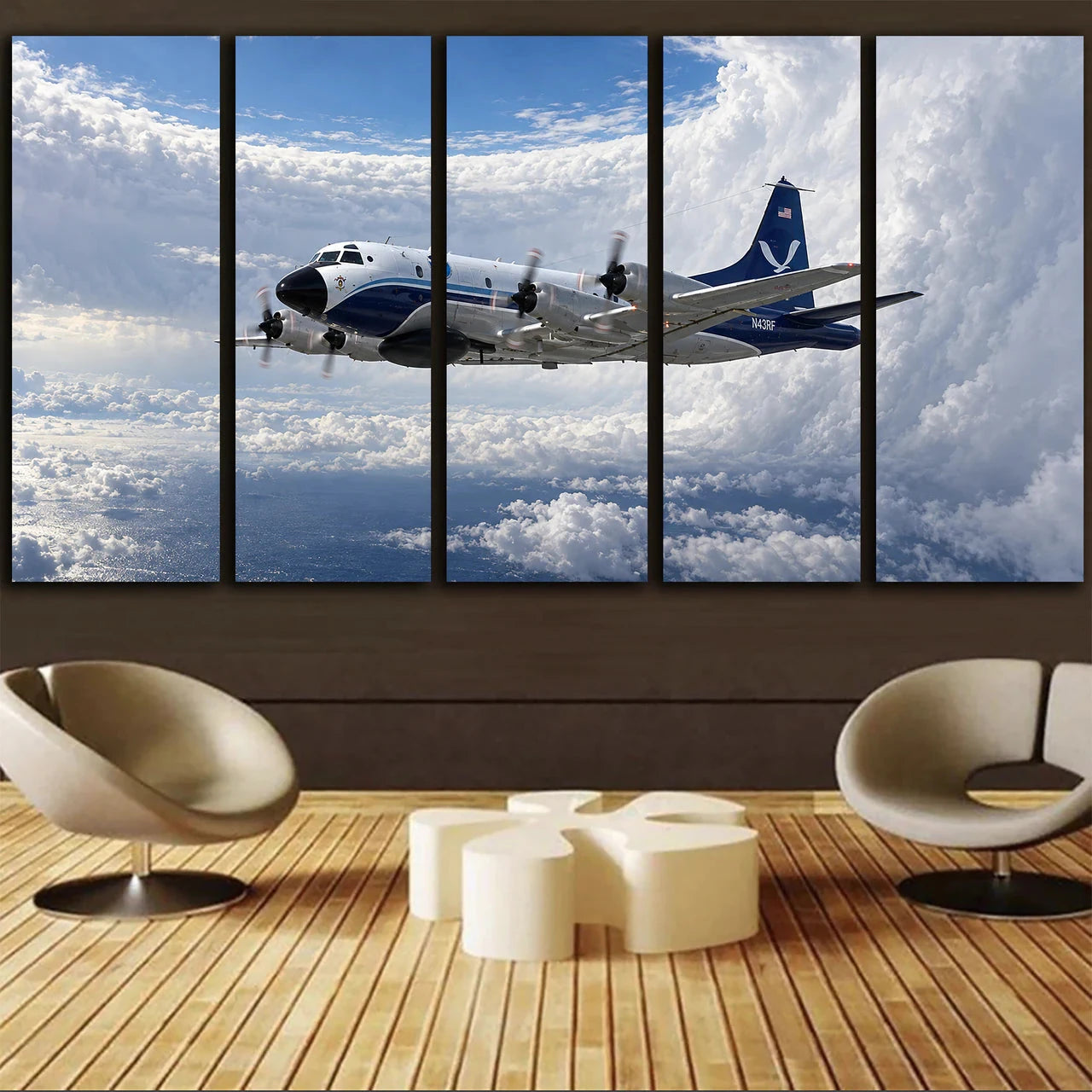 NOAA WP-3D Orion weather-research flight beside a towering hurricane eyewall in controlled daylight canvas - 5 Pieces