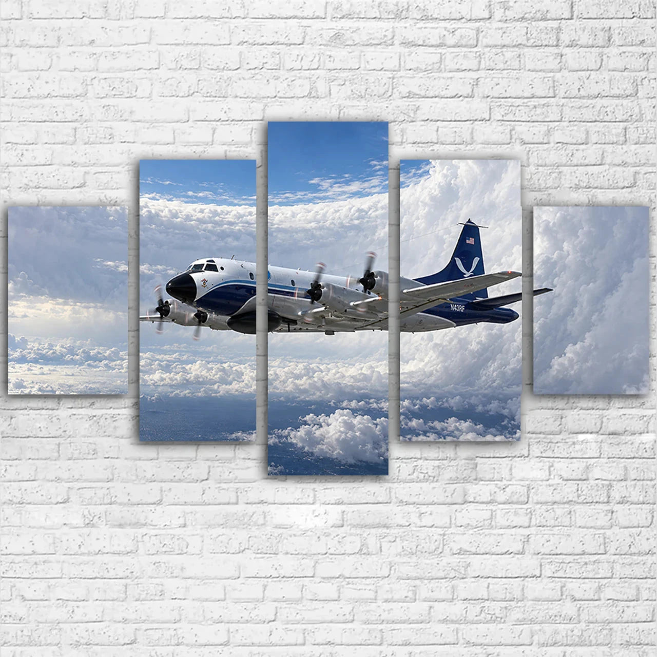 NOAA WP-3D Orion weather-research flight beside a towering hurricane eyewall in controlled daylight canvas - Multiple (5 Panels)