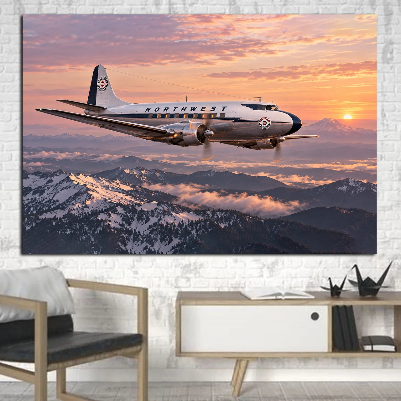 Northwest Airlines Martin 2-0-2 crossing the Cascade Range in rose-colored dawn light canvas - 1 Piece
