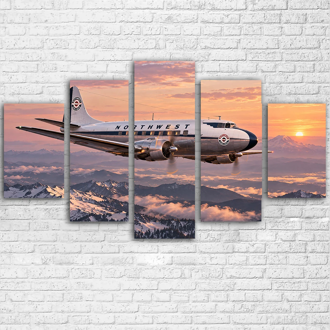Northwest Airlines Martin 2-0-2 crossing the Cascade Range in rose-colored dawn light canvas - Multiple (5 Panels)