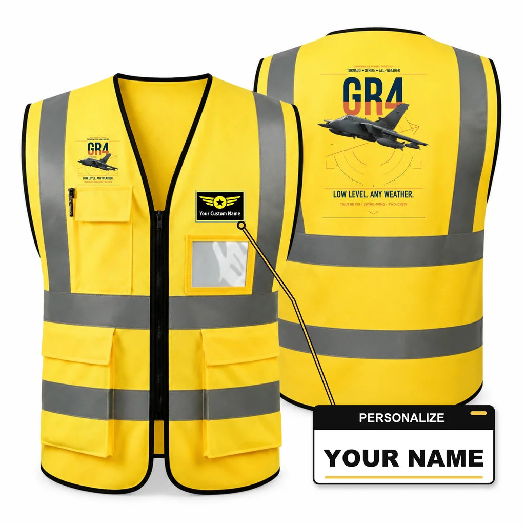 Panavia Tornado GR4 aviation design on yellow high-visibility reflective vest with custom name badge
