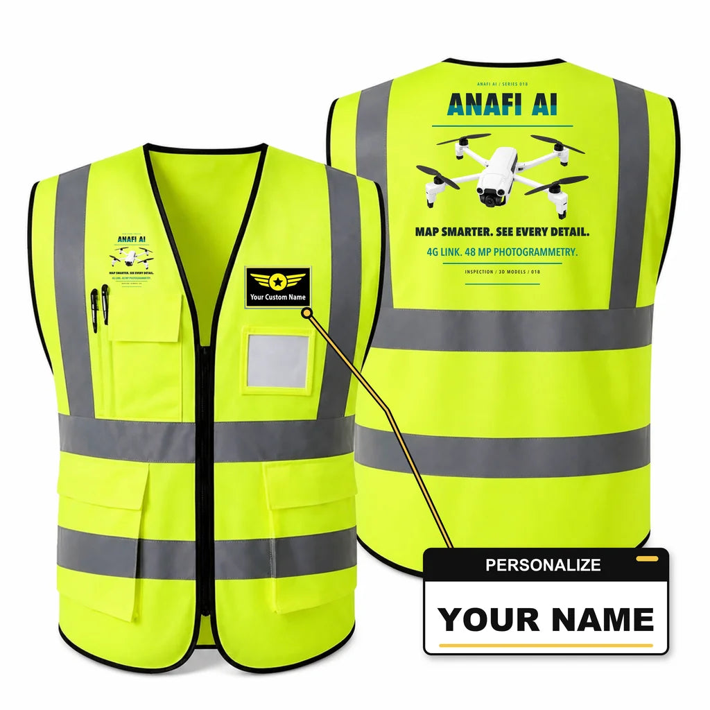 Parrot ANAFI Ai aviation design on fluorescent green high-visibility reflective vest with custom name badge