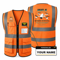 Thumbnail for Parrot ANAFI Ai aviation design on orange high-visibility reflective vest with custom name badge