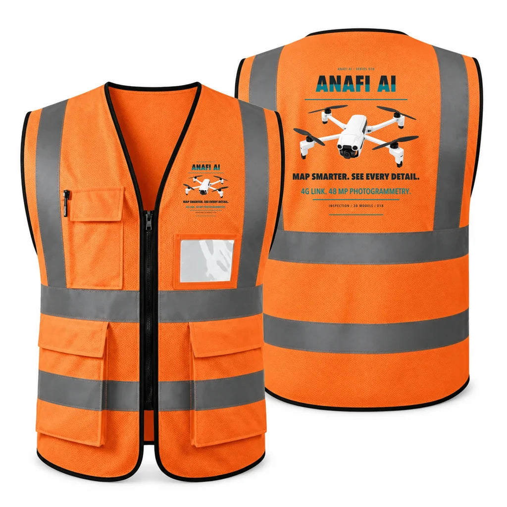 Parrot ANAFI Ai aviation design on orange high-visibility reflective vest