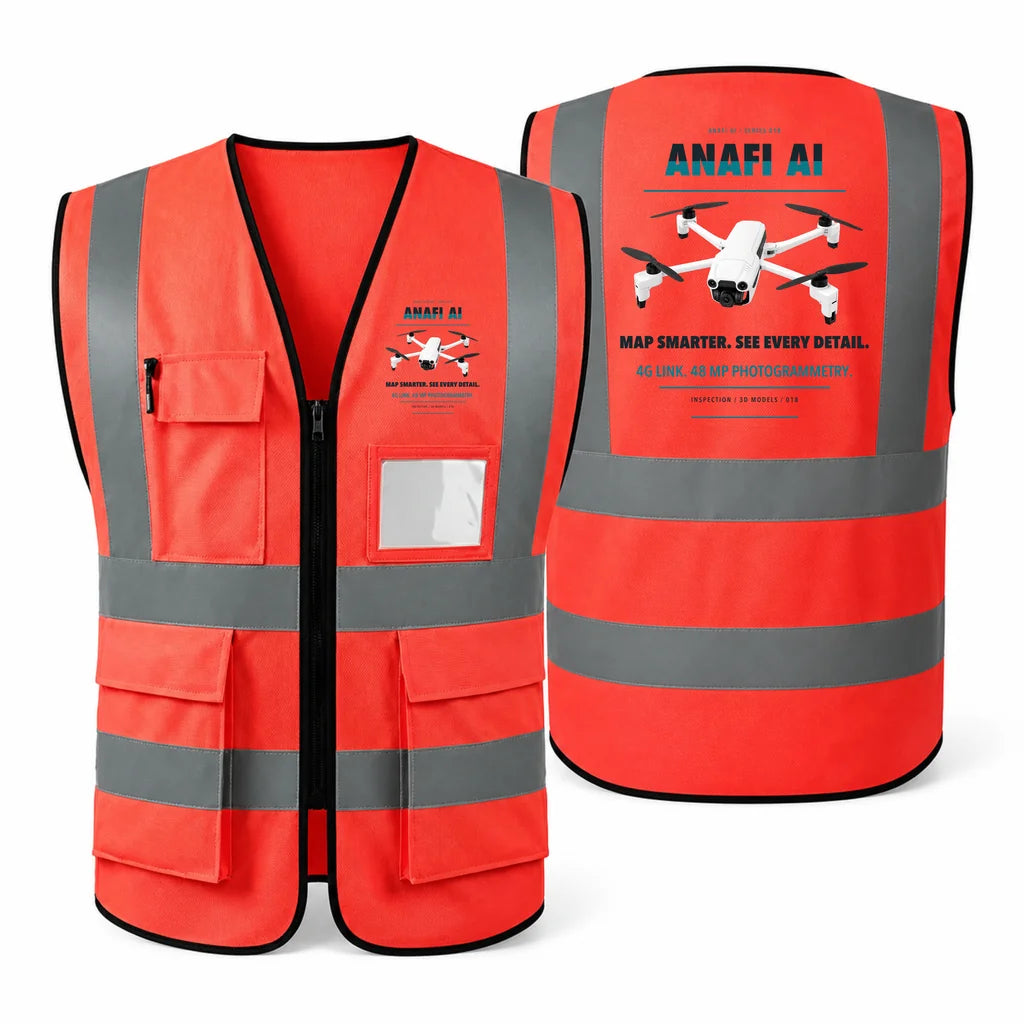 Parrot ANAFI Ai aviation design on red high-visibility reflective vest
