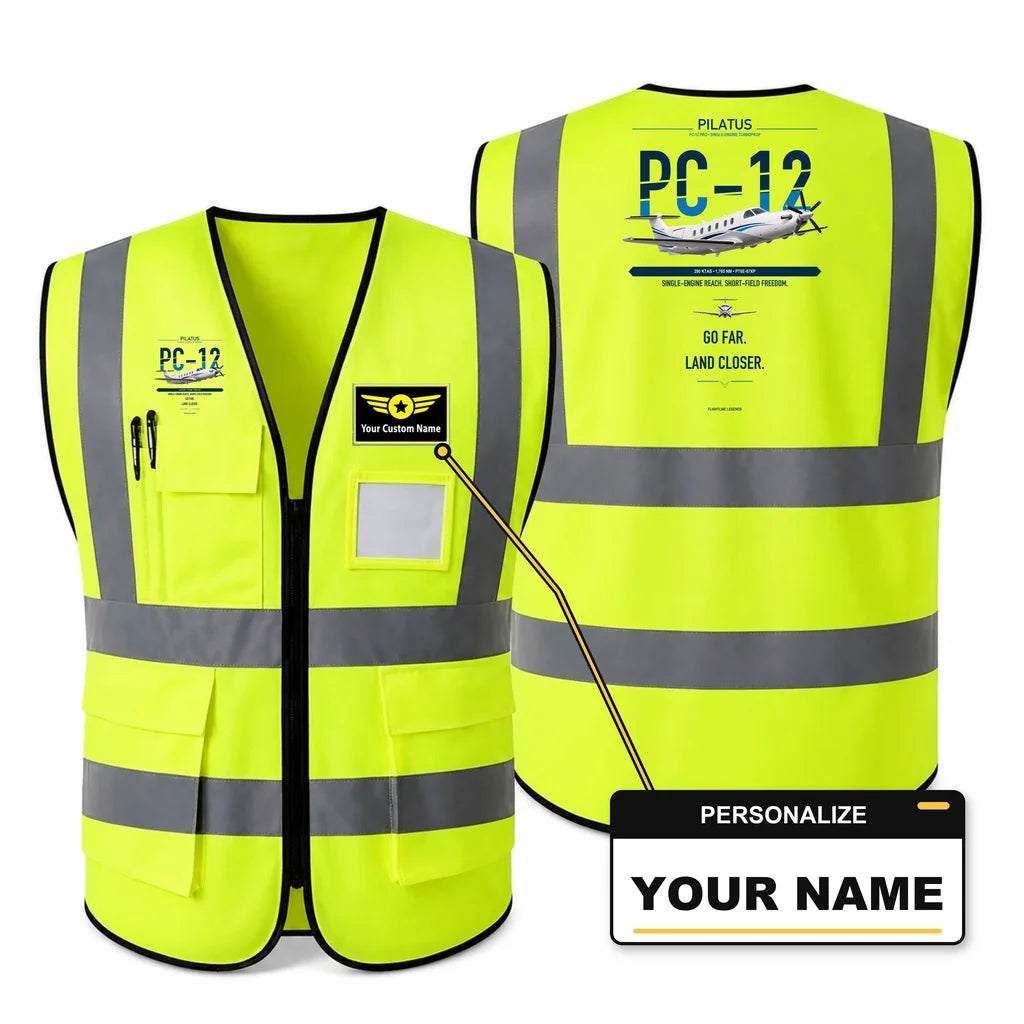 PC-12 PRO aviation design on fluorescent green high-visibility reflective vest with custom name badge