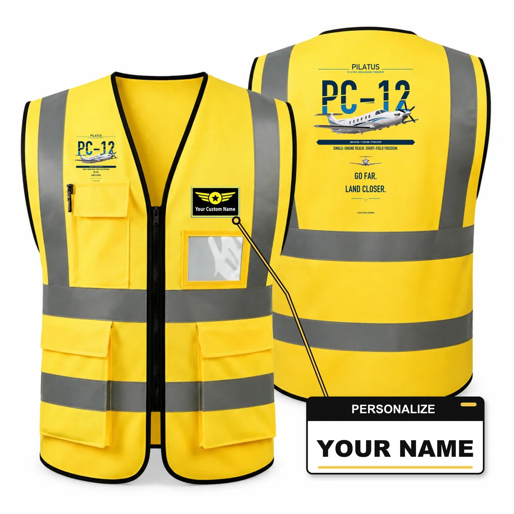 PC-12 PRO aviation design on yellow high-visibility reflective vest with custom name badge