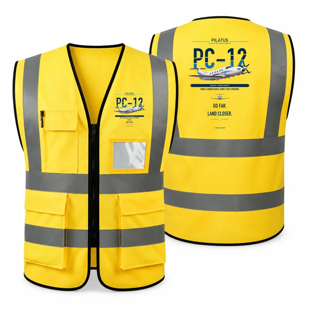PC-12 PRO aviation design on yellow high-visibility reflective vest