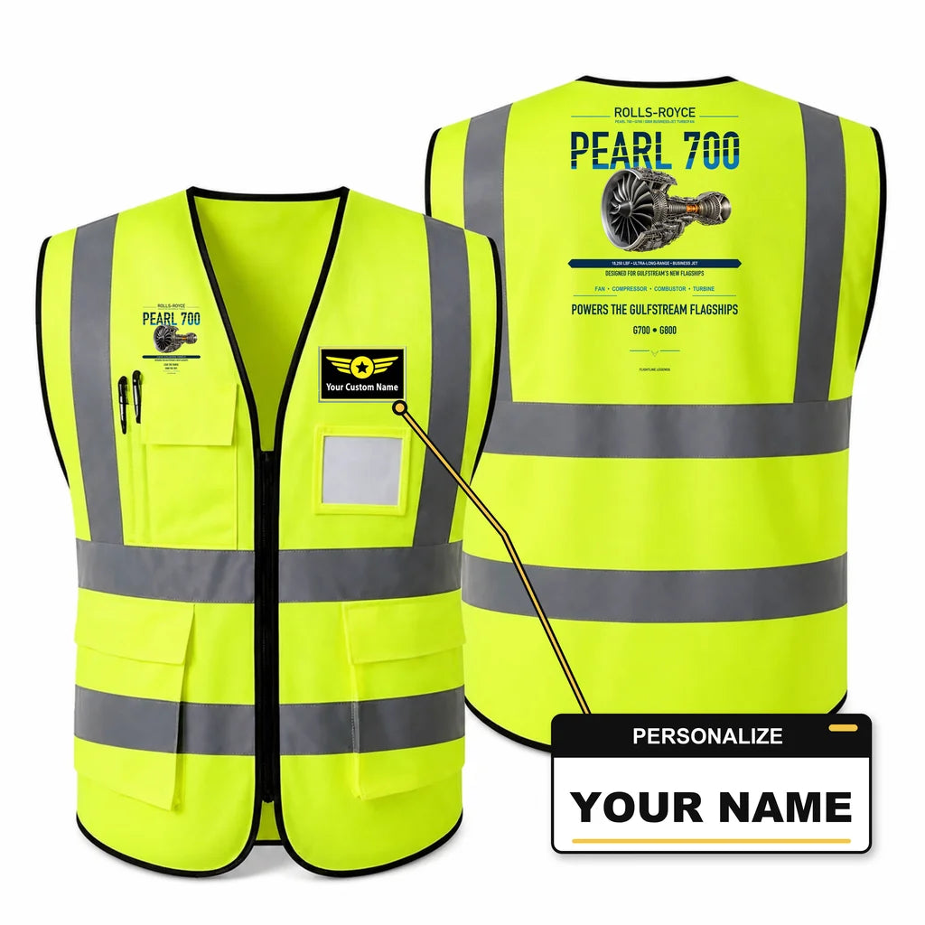 PEARL 700 aviation design on fluorescent green high-visibility reflective vest with custom name badge