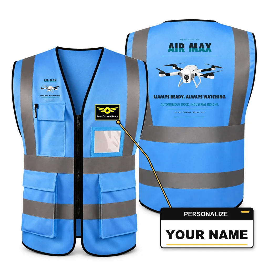 Percepto Air Max aviation design on blue high-visibility reflective vest with custom name badge