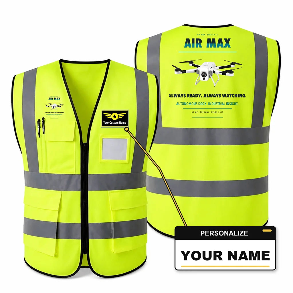 Percepto Air Max aviation design on fluorescent green high-visibility reflective vest with custom name badge