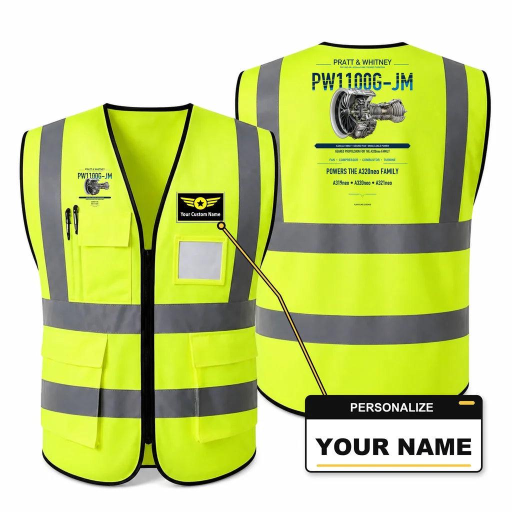 PW1100G-JM aviation design on fluorescent green high-visibility reflective vest with custom name badge