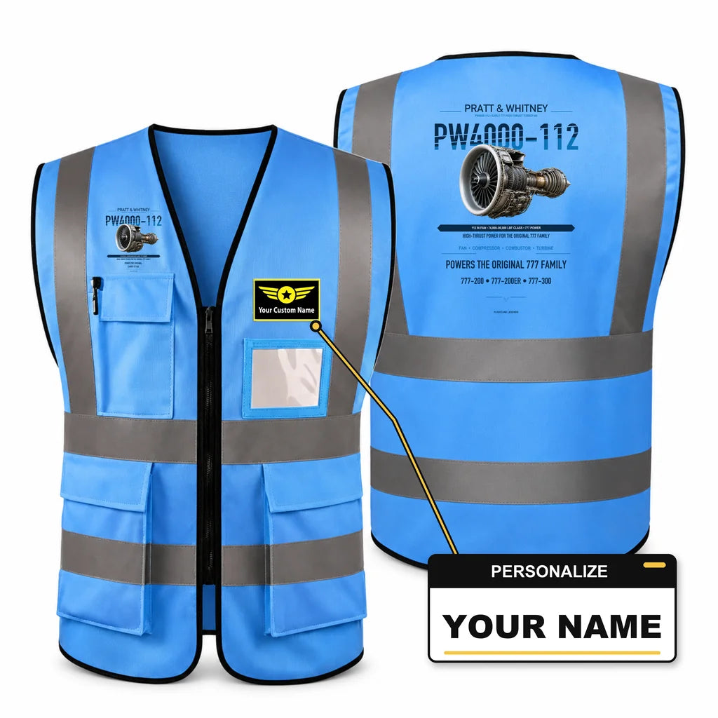 PW4000-112 aviation design on blue high-visibility reflective vest with custom name badge