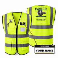 Thumbnail for PW4000-112 aviation design on fluorescent green high-visibility reflective vest with custom name badge