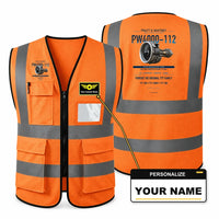 Thumbnail for PW4000-112 aviation design on orange high-visibility reflective vest with custom name badge