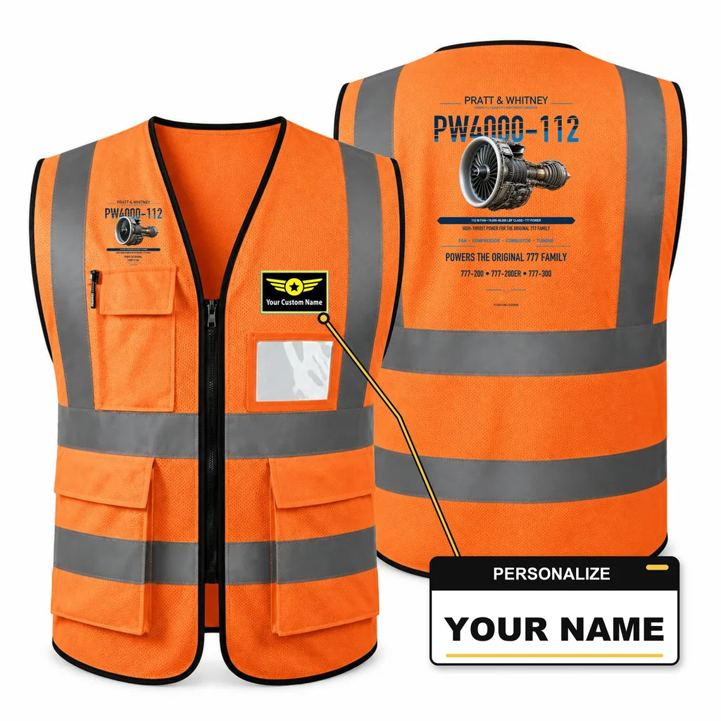 PW4000-112 aviation design on orange high-visibility reflective vest with custom name badge