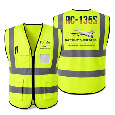 RC-135S Cobra Ball aviation design on fluorescent green high-visibility reflective vest
