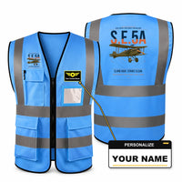 Thumbnail for Royal Aircraft Factory S.E.5a aviation design on blue high-visibility reflective vest with custom name badge