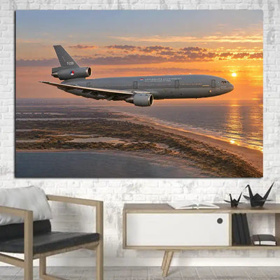 Royal Netherlands Air Force McDonnell Douglas KDC-10 clean tanker transit above the Dutch coast at sunset with refuelling boom stowed canvas - 1 Piece