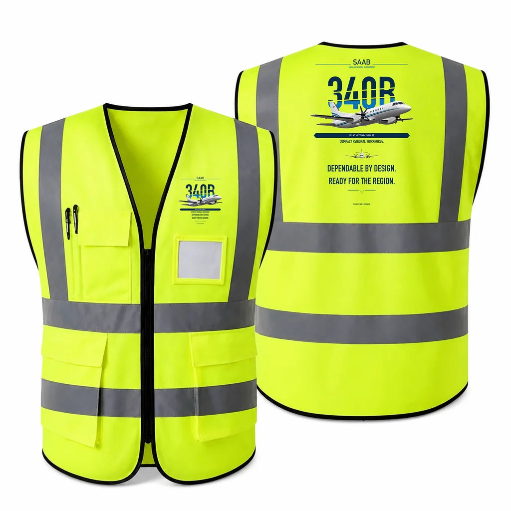 Saab 340B aviation design on fluorescent green high-visibility reflective vest