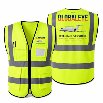 Saab GlobalEye aviation design on fluorescent green high-visibility reflective vest