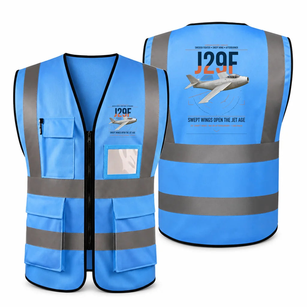 Saab J 29F Tunnan aviation design on blue high-visibility reflective vest