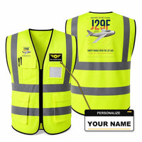 Thumbnail for Saab J 29F Tunnan aviation design on fluorescent green high-visibility reflective vest with custom name badge