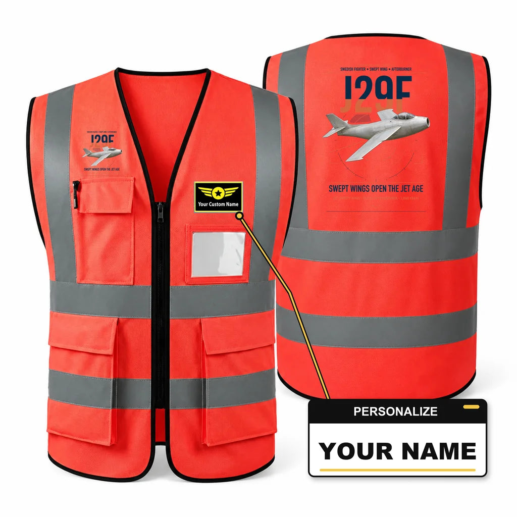 Saab J 29F Tunnan aviation design on red high-visibility reflective vest with custom name badge