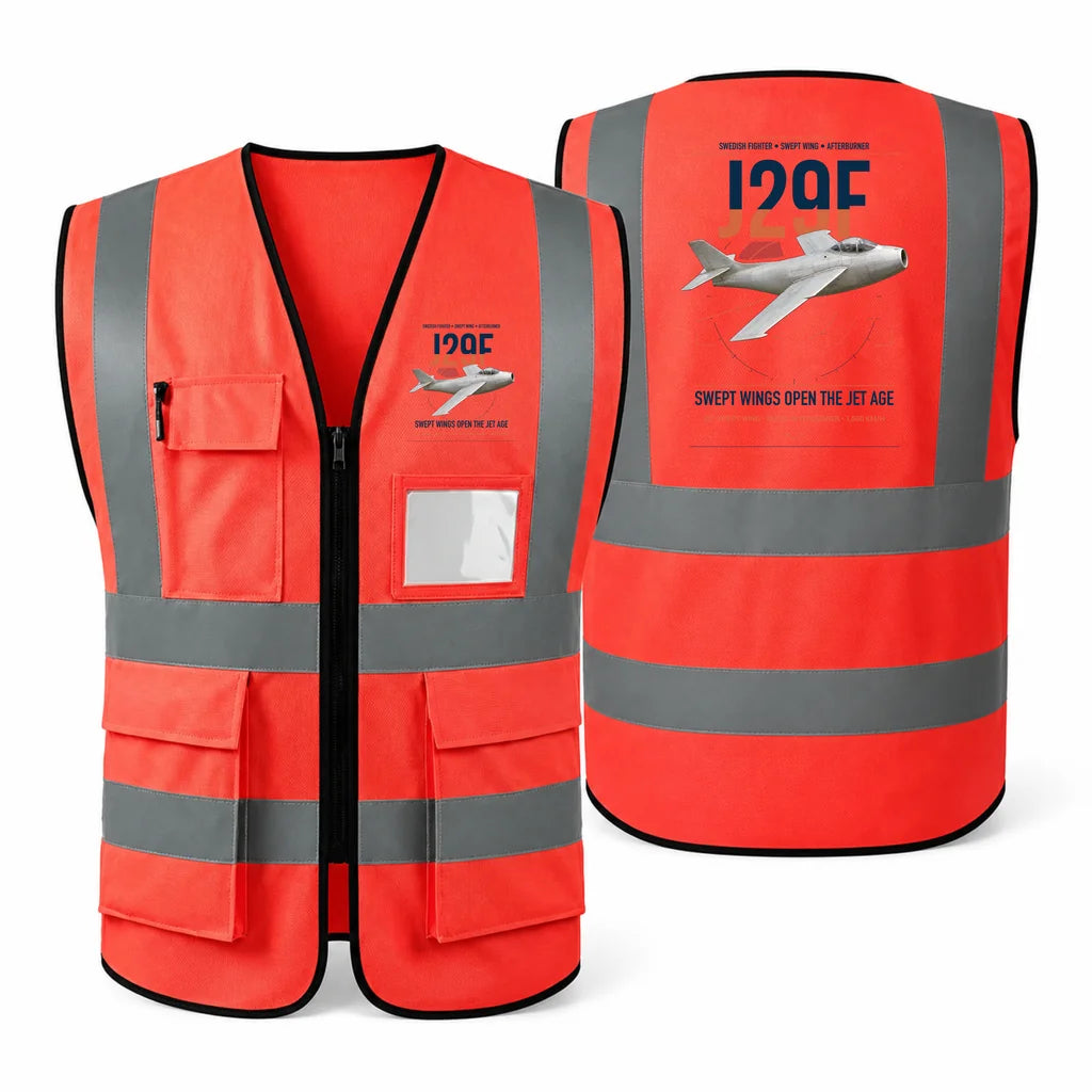 Saab J 29F Tunnan aviation design on red high-visibility reflective vest