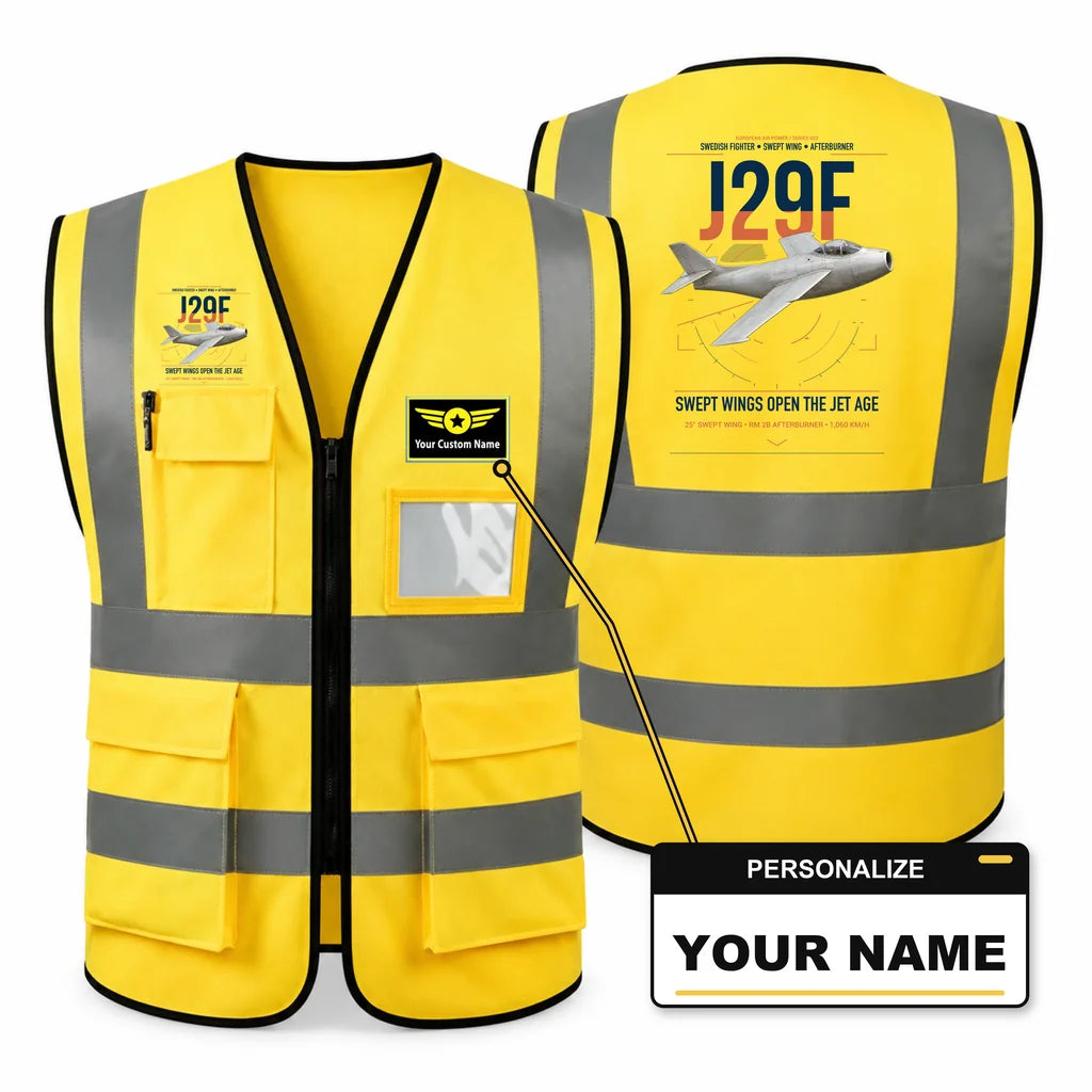 Saab J 29F Tunnan aviation design on yellow high-visibility reflective vest with custom name badge