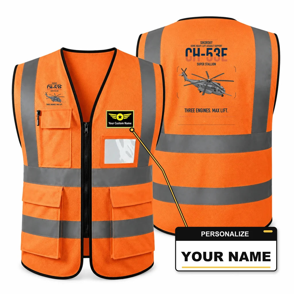 Sikorsky CH-53E Super Stallion aviation design on orange high-visibility reflective vest with custom name badge