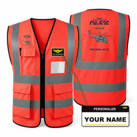 Thumbnail for Sikorsky CH-53E Super Stallion aviation design on red high-visibility reflective vest with custom name badge