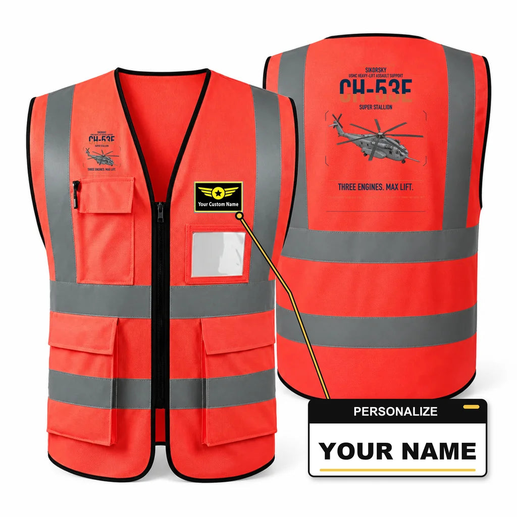 Sikorsky CH-53E Super Stallion aviation design on red high-visibility reflective vest with custom name badge