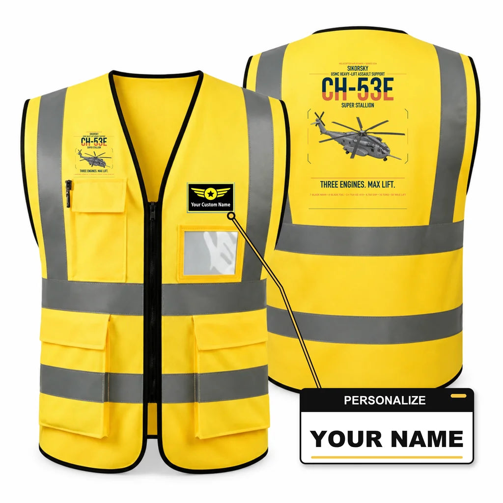 Sikorsky CH-53E Super Stallion aviation design on yellow high-visibility reflective vest with custom name badge