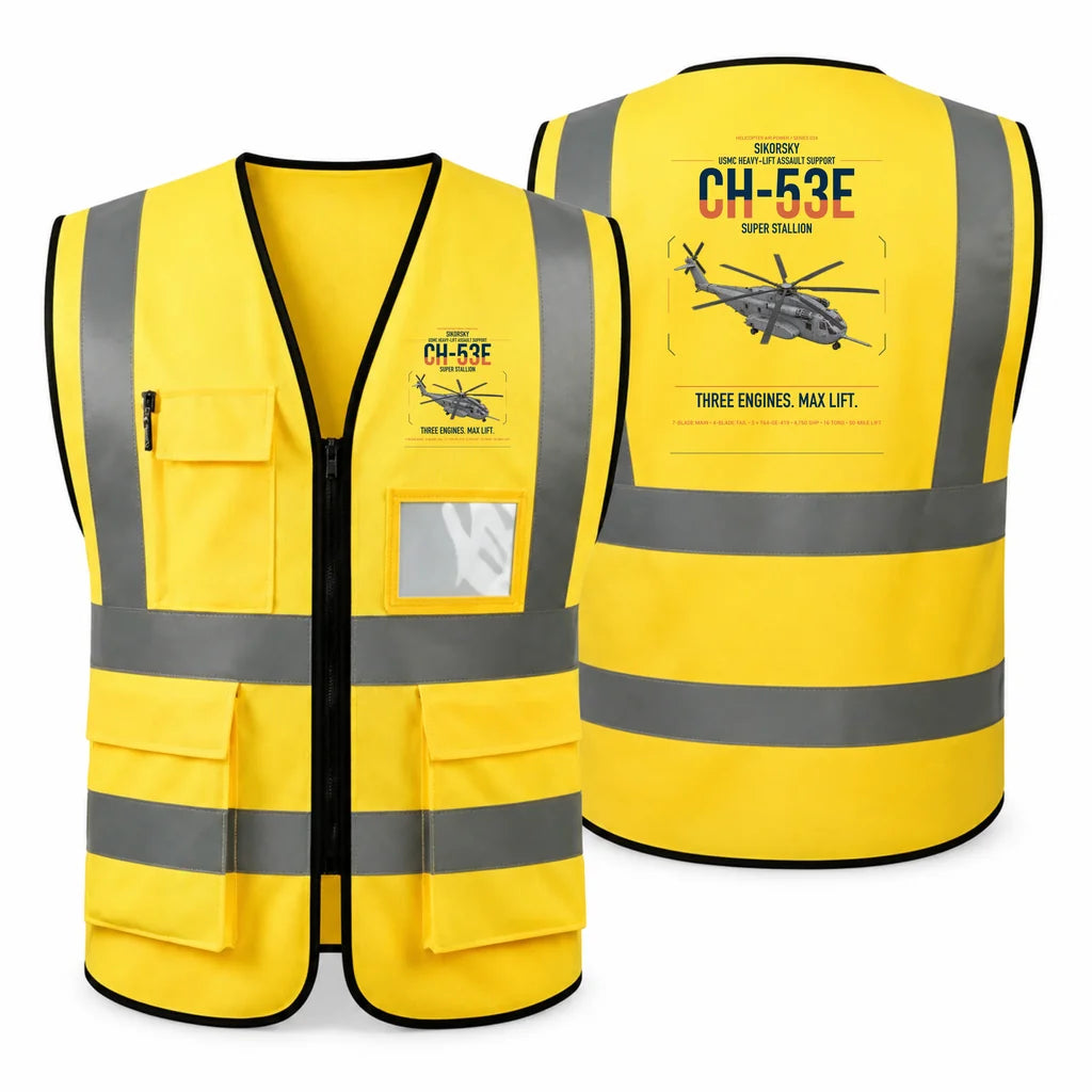 Sikorsky CH-53E Super Stallion aviation design on yellow high-visibility reflective vest