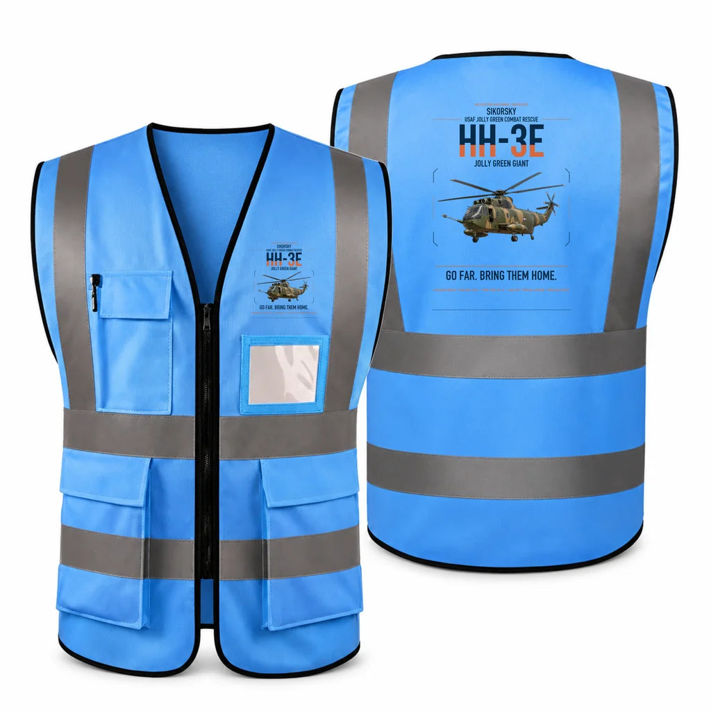 Sikorsky HH-3E Jolly Green Giant aviation design on blue high-visibility reflective vest