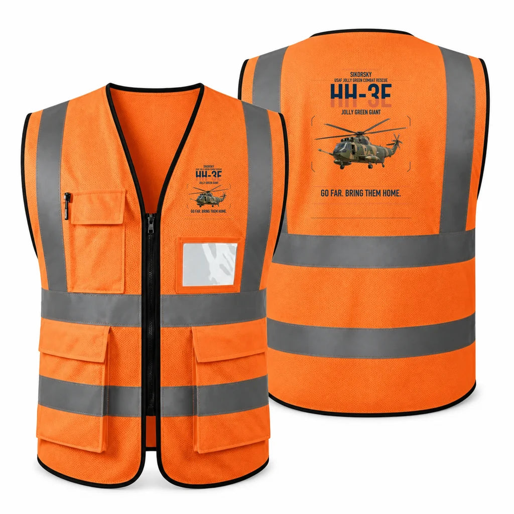 Sikorsky HH-3E Jolly Green Giant aviation design on orange high-visibility reflective vest