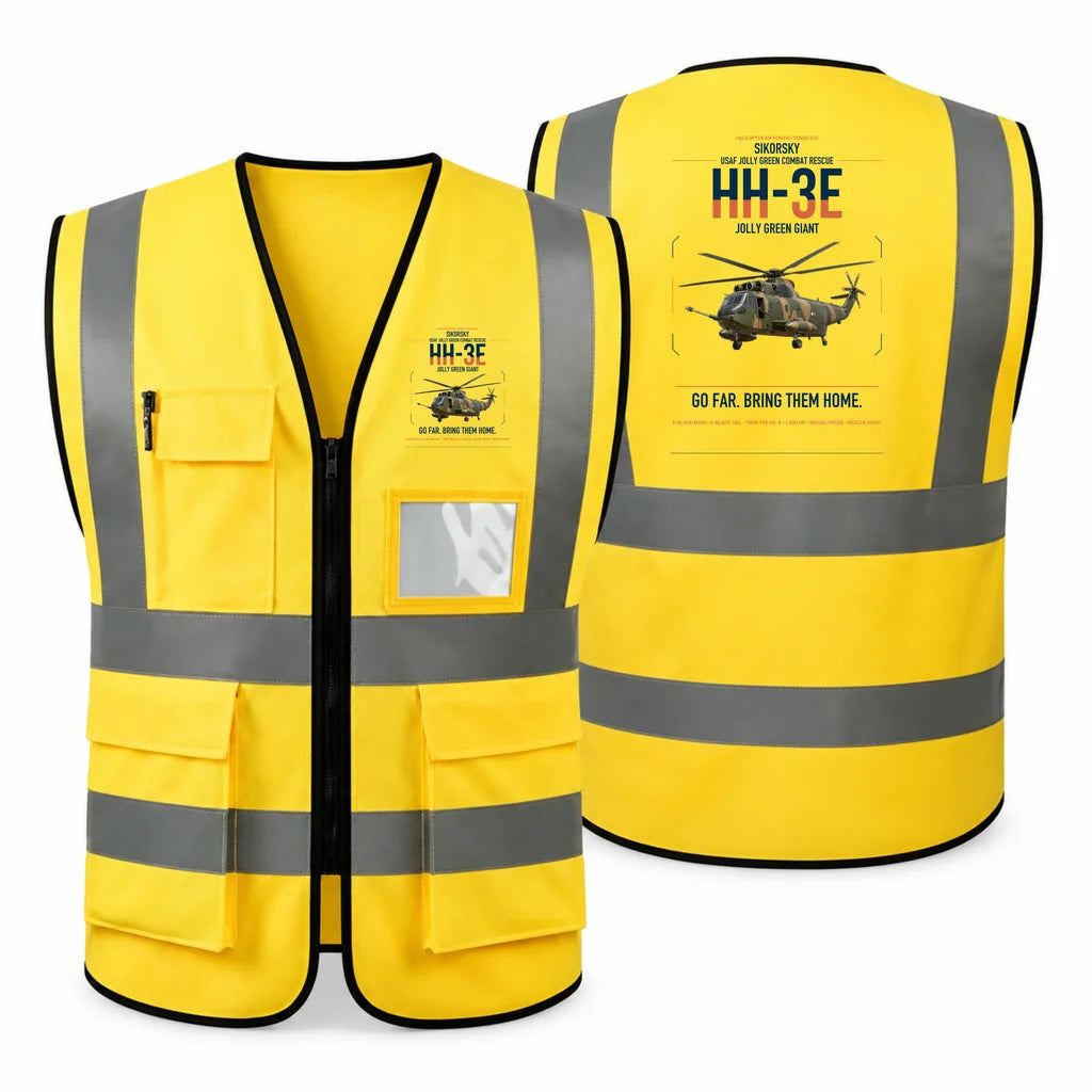 Sikorsky HH-3E Jolly Green Giant aviation design on yellow high-visibility reflective vest