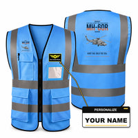 Thumbnail for Sikorsky MH-60R Seahawk aviation design on blue high-visibility reflective vest with custom name badge