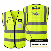 Thumbnail for Sikorsky MH-60R Seahawk aviation design on fluorescent green high-visibility reflective vest with custom name badge