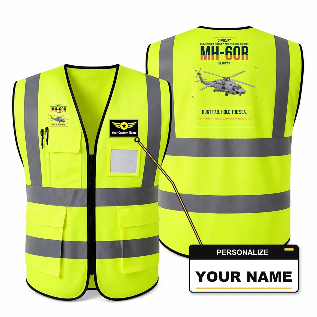 Sikorsky MH-60R Seahawk aviation design on fluorescent green high-visibility reflective vest with custom name badge