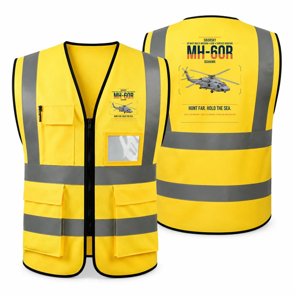 Sikorsky MH-60R Seahawk aviation design on yellow high-visibility reflective vest