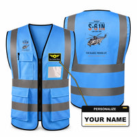 Thumbnail for Sikorsky S-61N aviation design on blue high-visibility reflective vest with custom name badge