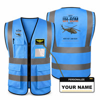 Thumbnail for Sikorsky UH-60M Black Hawk aviation design on blue high-visibility reflective vest with custom name badge