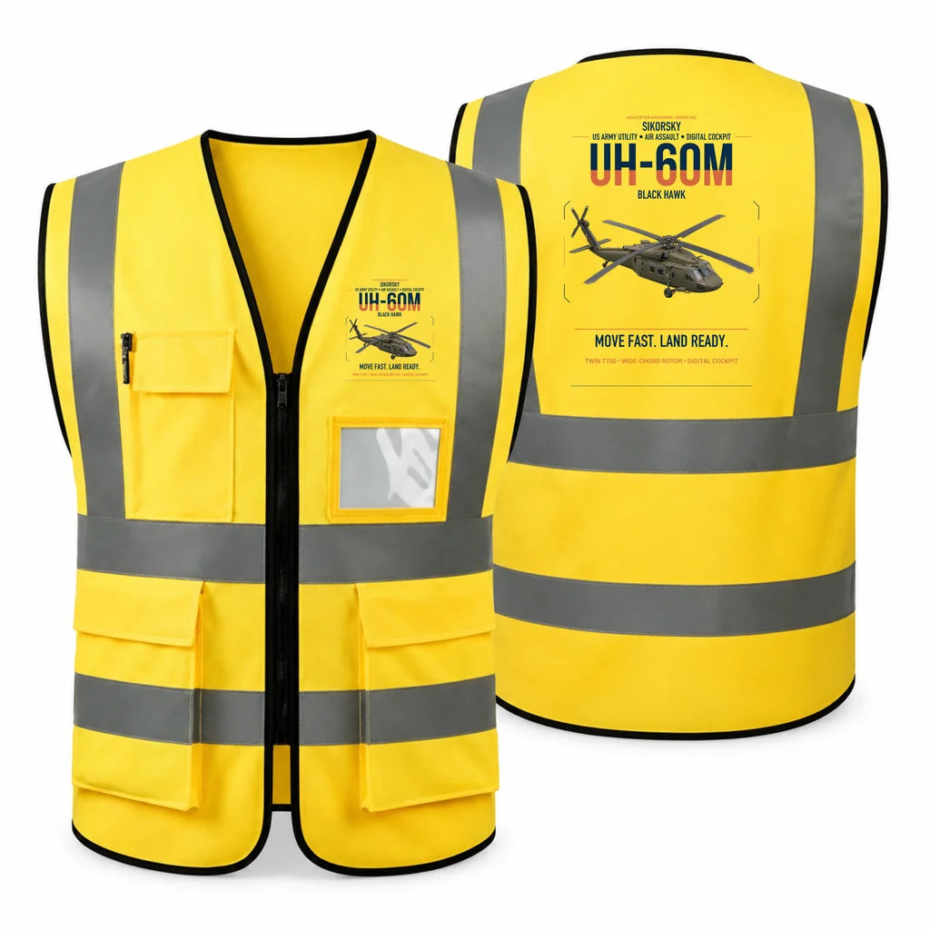 Sikorsky UH-60M Black Hawk aviation design on yellow high-visibility reflective vest
