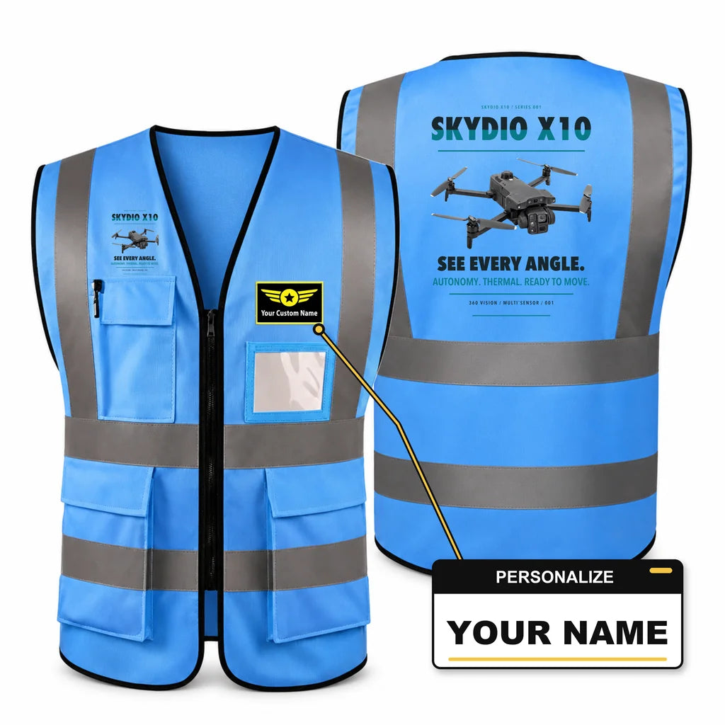 Skydio X10 aviation design on blue high-visibility reflective vest with custom name badge