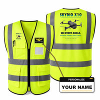 Thumbnail for Skydio X10 aviation design on fluorescent green high-visibility reflective vest with custom name badge