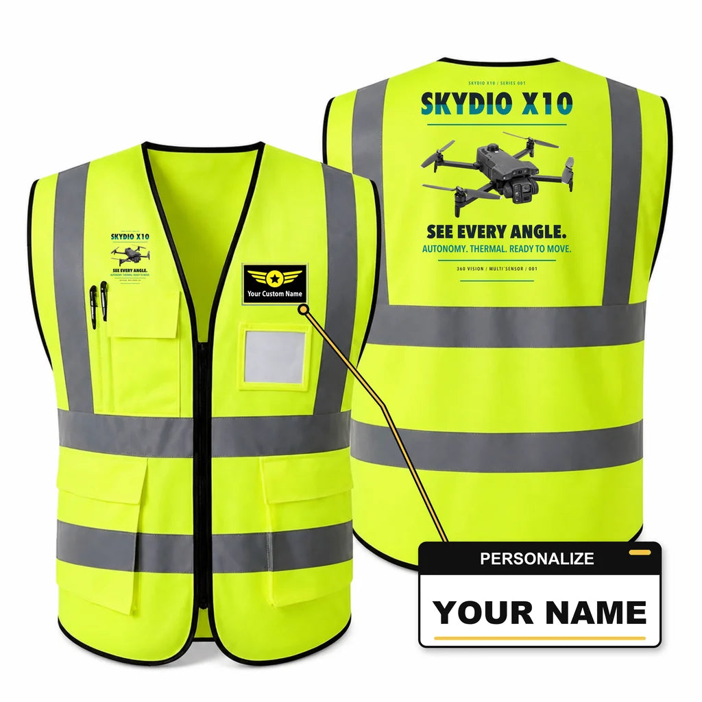 Skydio X10 aviation design on fluorescent green high-visibility reflective vest with custom name badge
