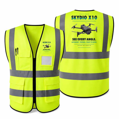 Skydio X10 aviation design on fluorescent green high-visibility reflective vest